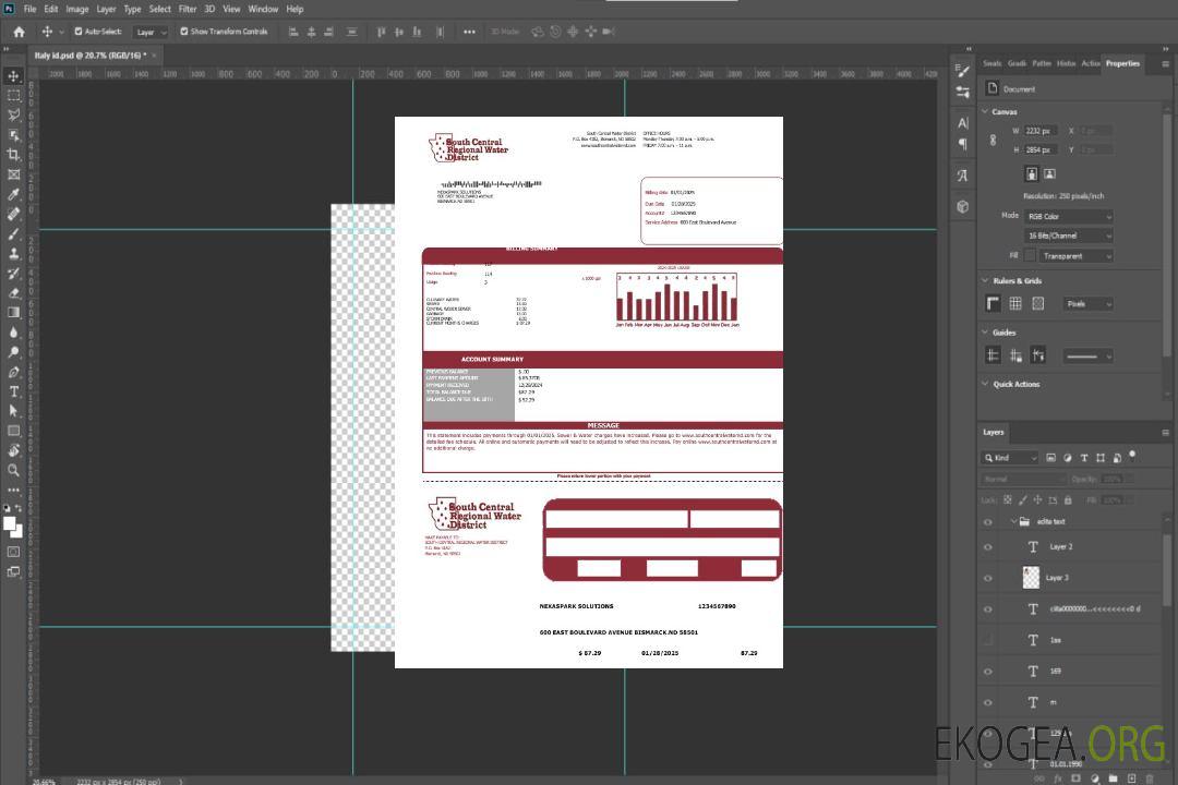 États-Unis, Dakota du Nord, South Central Regional Water District, modèle de facture de services publics aux formats Word et PDF template